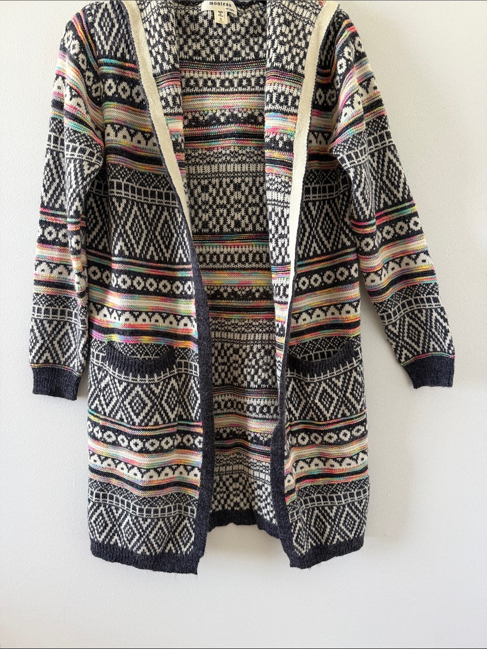 Long Open-Front Fair Isle Cardigan Sweater - Black Multi Small